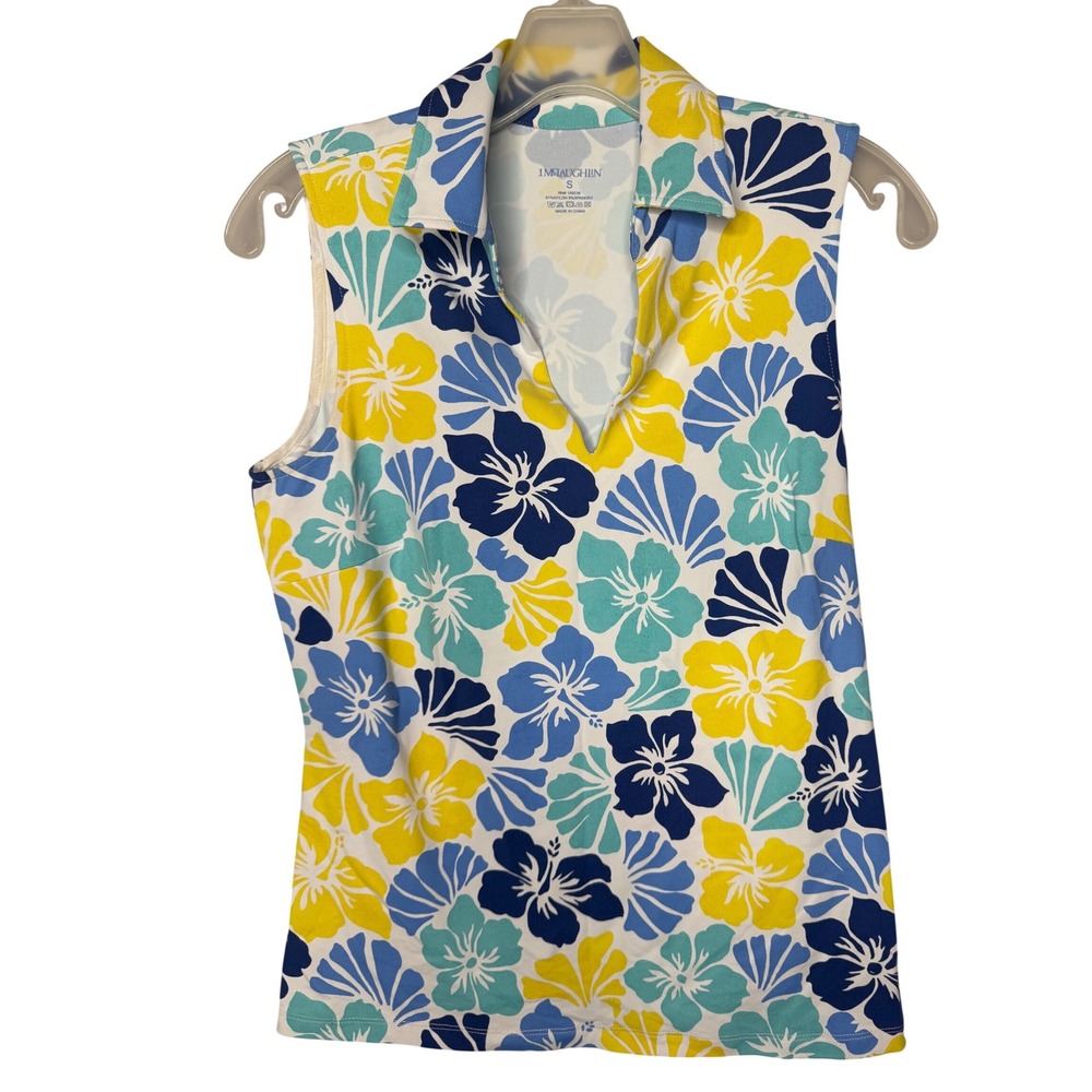 J.McLaughlin Womens Sleeveless Polo Top Small Floral Tropical Blue Yellow V-Neck